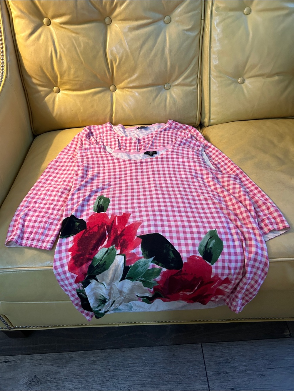 Women's Pink Gingham Floral Scoop Neck sweater set by Talbots